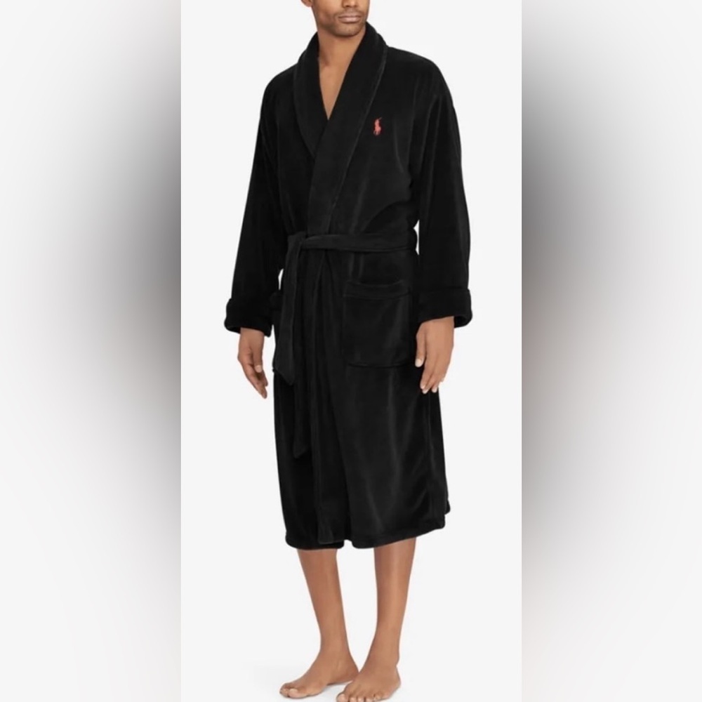 Polo Ralph Lauren Men’s Black Soft Plush Big Red Pony Tie Waist Robe Size L/XL
